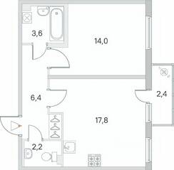 МЖК «Новое Сертолово», планировка 1-комнатной квартиры, 44.70 м²
