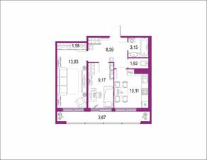 ЖК «Геометрия» (Кудрово), планировка 2-комнатной квартиры, 52.10 м²