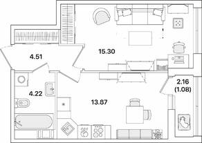ЖК «Академик», планировка 1-комнатной квартиры, 38.98 м²