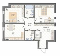 ЖК «Мануфактура James Beck», планировка 2-комнатной квартиры, 83.99 м²