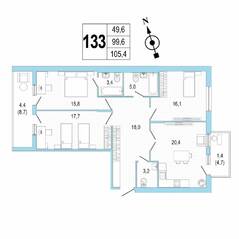 ЖК «Lotos Club», планировка 3-комнатной квартиры, 105.50 м²
