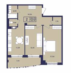 ЖК «Port», планировка 2-комнатной квартиры, 66.90 м²