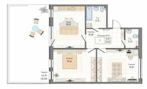 ЖК «Мануфактура James Beck», планировка 2-комнатной квартиры, 89.83 м²