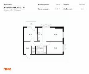 ЖК «Янинский лес», планировка 2-комнатной квартиры, 54.37 м²