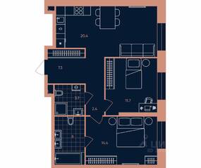 ЖК «ERA», планировка 3-комнатной квартиры, 65.90 м²