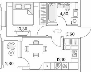 ЖК «Тайм Сквер», планировка 1-комнатной квартиры, 31.90 м²
