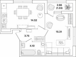 ЖК «Академик», планировка 1-комнатной квартиры, 39.01 м²