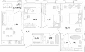 ЖК «Тайм Сквер», планировка 3-комнатной квартиры, 87.10 м²