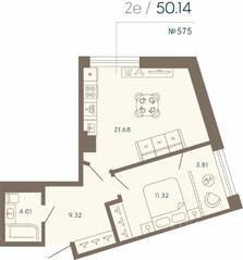 Апарт-комплекс «17/33 Петровский остров», планировка 1-комнатной квартиры, 50.14 м²