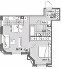 ЖК «Alter», планировка 1-комнатной квартиры, 56.90 м²