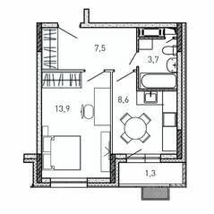 ЖК «Квартал Светлый», планировка 1-комнатной квартиры, 35.00 м²