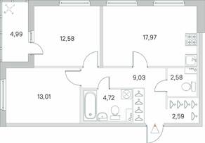 ЖК «Ясно. Янино», планировка 2-комнатной квартиры, 64.98 м²