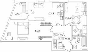 ЖК «Лайнеръ», планировка 2-комнатной квартиры, 69.06 м²