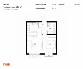 ЖК «Яуза парк (ПИК)», планировка 1-комнатной квартиры, 38.20 м²