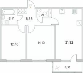 ЖК «Югтаун. Олимпийские кварталы», планировка 2-комнатной квартиры, 61.44 м²
