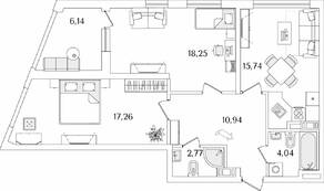 ЖК «Лайнеръ», планировка 2-комнатной квартиры, 72.07 м²