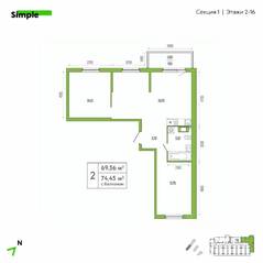 ЖК «Simple», планировка 2-комнатной квартиры, 72.70 м²