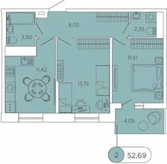 ЖК «Аквилон Stories», планировка 2-комнатной квартиры, 52.69 м²