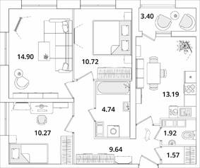 ЖК «БелАрт», планировка 3-комнатной квартиры, 68.44 м²
