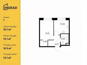 ЖК «Белый мыс», планировка 1-комнатной квартиры, 35.10 м²