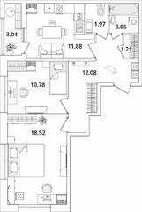 ЖК «БелАрт», планировка 2-комнатной квартиры, 61.02 м²