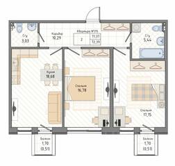 ЖК «Мануфактура James Beck», планировка 2-комнатной квартиры, 72.39 м²