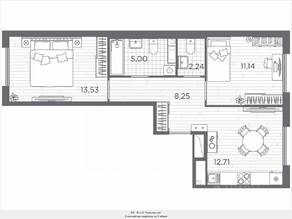 ЖК «Plus Пулковский», планировка 2-комнатной квартиры, 52.87 м²