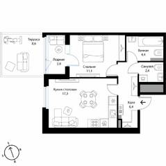 МЖК «Экография», планировка 1-комнатной квартиры, 46.20 м²