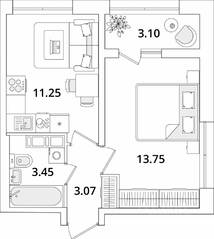 ЖК «БелАрт», планировка 1-комнатной квартиры, 33.07 м²
