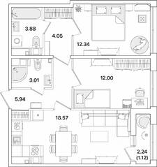 ЖК «Академик», планировка 2-комнатной квартиры, 60.91 м²