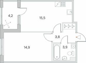 ЖК «Югтаун. Олимпийские кварталы», планировка 1-комнатной квартиры, 40.20 м²