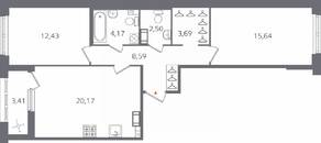 ЖК «Б15», планировка 2-комнатной квартиры, 68.90 м²