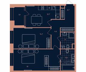 ЖК «ERA», планировка 2-комнатной квартиры, 69.20 м²