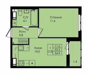 ЖК «Новая страница», планировка 1-комнатной квартиры, 34.90 м²