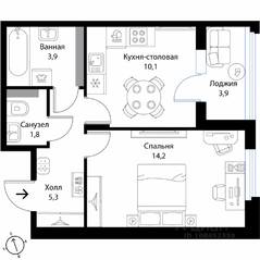 МЖК «Экография», планировка 1-комнатной квартиры, 37.30 м²