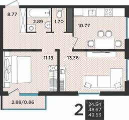 МЖК «Новокасимово», планировка 2-комнатной квартиры, 49.53 м²