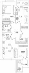 ЖК «Лайнеръ», планировка 2-комнатной квартиры, 68.53 м²