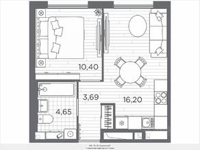 ЖК «Plus Пулковский», планировка 1-комнатной квартиры, 34.94 м²