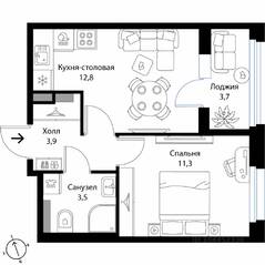 МЖК «Экография», планировка 1-комнатной квартиры, 33.40 м²
