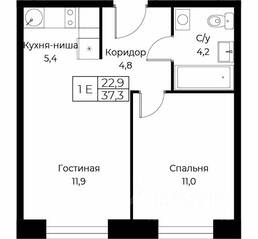 Апарт-комплекс «Aist Residence», планировка 1-комнатной квартиры, 37.30 м²