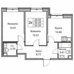 ЖК «Юнтолово», планировка 2-комнатной квартиры, 52.10 м²