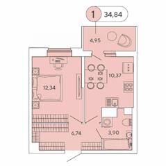 ЖК «Аквилон Stories», планировка 1-комнатной квартиры, 34.84 м²