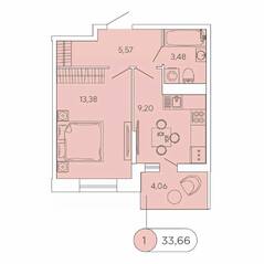 ЖК «Аквилон Stories», планировка 1-комнатной квартиры, 33.66 м²