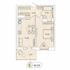 ЖК «Аквилон Stories», планировка 1-комнатной квартиры, 42.02 м²