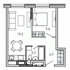 ЖК «Квартал Светлый», планировка 1-комнатной квартиры, 34.40 м²