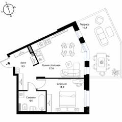 МЖК «Экография», планировка 1-комнатной квартиры, 44.60 м²