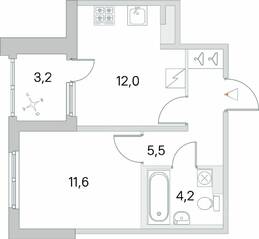 ЖК «Югтаун. Олимпийские кварталы», планировка 1-комнатной квартиры, 34.90 м²