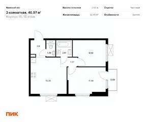 ЖК «Янинский лес», планировка 2-комнатной квартиры, 46.97 м²