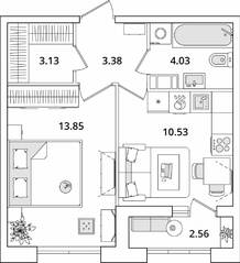 ЖК «БелАрт», планировка 1-комнатной квартиры, 36.20 м²