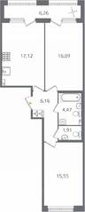 ЖК «Б15», планировка 2-комнатной квартиры, 64.43 м²